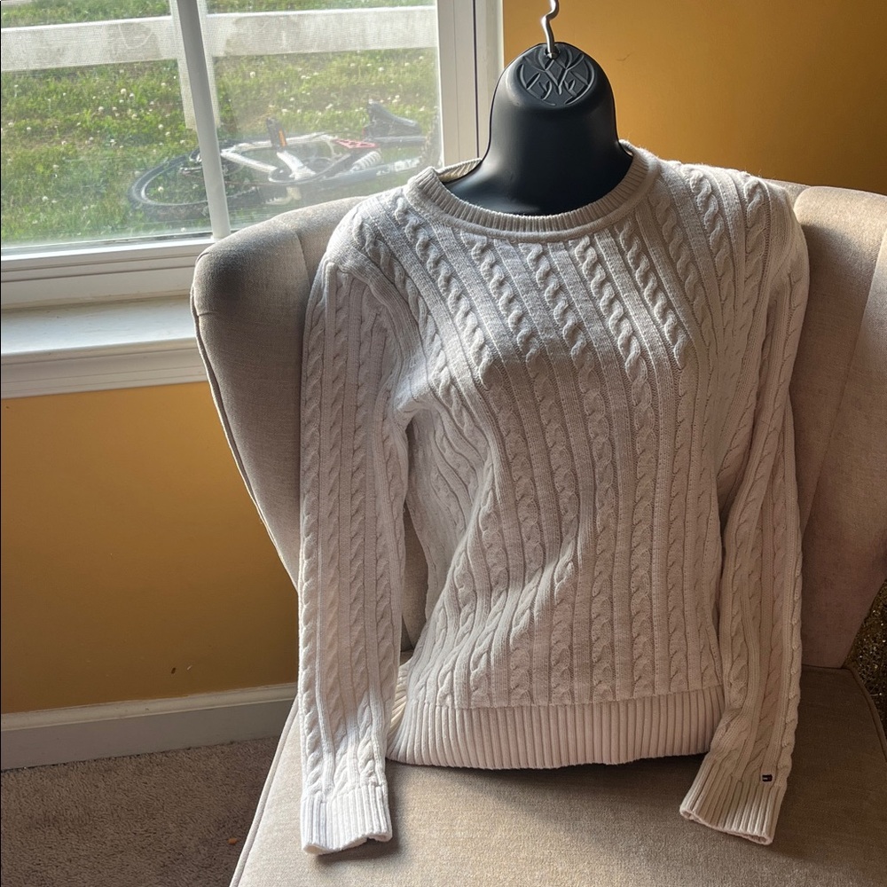 Tommy Hilfiger White Cable-Knit Crewneck Sweater